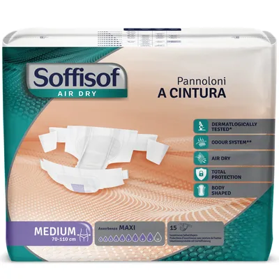 Obrázek produktu pro Soffisof Air Dry Maxi M – 15× pleny s pásem – 9 kapek – pro seniory, muže i ženy – jednotlivě balené