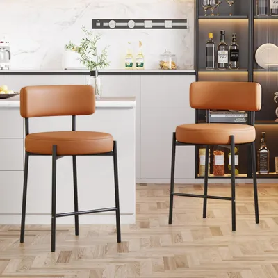 Produktbild von Barhocker 2er Set 63.5cm Sitzhöhe Kunstleder Braun mit Rückenlehne
