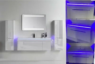 Produktbild von Badmöbel Set 5 Teilig 90 cm Hochglanz Weiß LED Spiegel Badezimmer Badschrank