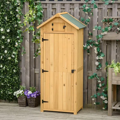 Produktbild von Sweiko Gartenschrank Holz, Geräteschuppen wetterfest 77x54,2x179cm, Gerätehaus mit Tür, Satteldach, Geräteschrank mit Böden, Werkzeugschrank Gartenschuppen für Garten, Terrasse, Gelb+Grün