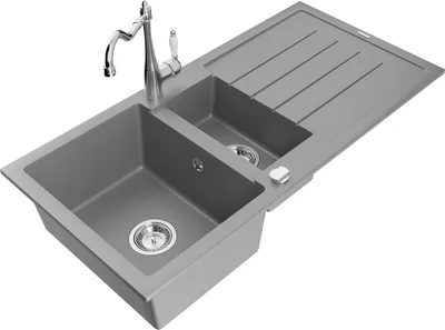 Produktbild von Mexen Andres 1,5-Becken-Granitspüle mit Abtropffläche und Mischbatterie Carla, Grau - 6515-71-670700-00