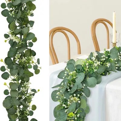 Image de 2 couronnes artificielles d'eucalyptus avec des fleurs blanches, 180 cm, plantes vertes décoratives pour table, mariage, Noël, maison
