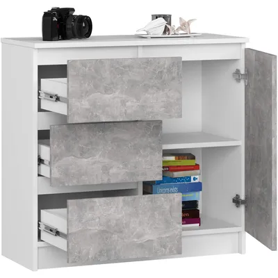 Image de Commode de 80 cm avec 3 tiroirs et 1 porte, buffet, armoire, meuble de rangement, hauteur 77 cm