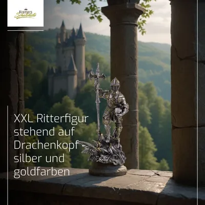 Produktbild von XXL Ritterfigur stehend auf Drachenkopf - Polyresin Handbemalt 37 cm Skulptur