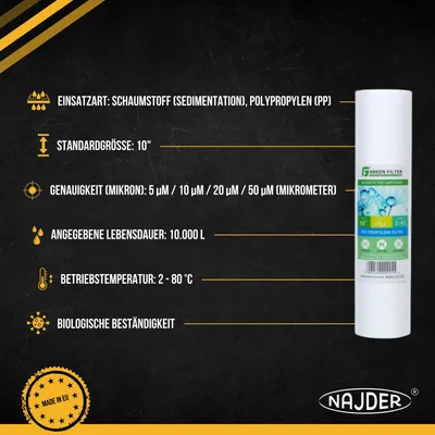 Produktbild von NAJDER Wasserfilterpatronen 10 Zoll aus Polypropylen, Mikronage 20μ, für Filtergehäus, Wasserfilter Kartusche, für Niederdruckanlagen, Gegen Mikroorganismen, 5 Stück