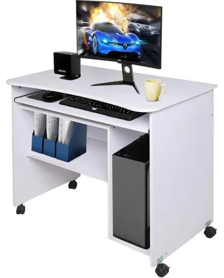 Computertisch mit Tastaturauszug, Regal & Rollen, Weiß