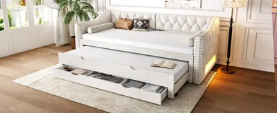 Productafbeelding van Dagbed 90 x 200 cm met LED-verlichting, uitschuifbaar bed, 3 lades, linnen bekleding, beige