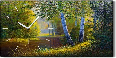 Produktbild von Wandkunst Leinwand Bild Uhr 60x30 Gemälde Wald Bäume Blumen Fluss Natur - weiße Hände