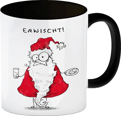 Produktbild von Weihnachtsmann am Naschen Kaffeebecher in schwarz mit Spruch Erwischt
