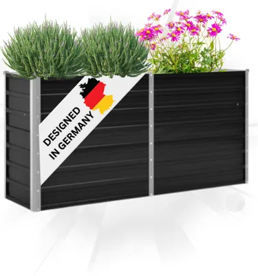 A black raised garden bed with plants and flowers, featuring a 'Designed in Germany' label.