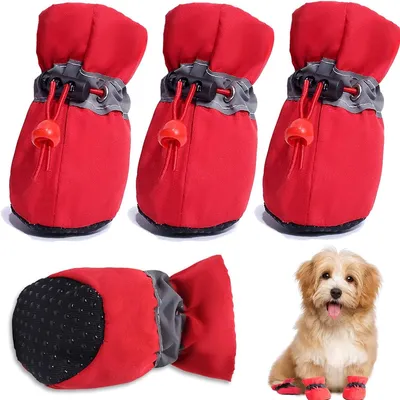Produktbild von 4er-Set Hundeschuhe, Hundepfotenschutz mit reflektierenden Streifen, rutschfeste Hundeschuhe für kleine bis mittelgroße Hunde (Rot)