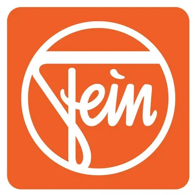 A logo with text inside a circle on an orange background.