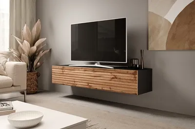 Produktbild von TV Schrank RTV 8 mit Lamellen Medienmöbel Lowboard (Schwarz + Eiche Wotan Lamellen)