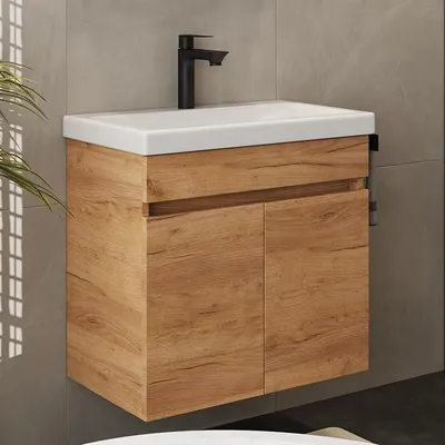 Image de Meuble-lavabo avec meuble bas, comprenant un lavabo en céramique, ensemble de meubles de salle de bain moderne, dimensions : 63 x 60 x 36,5 cm, finition chêne doré