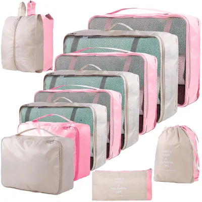 Produktbild von Koffer-Organizer – 14 Teile – Beige und Rosa – Reiseorganizer – Packwürfel