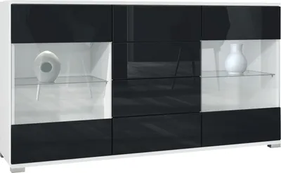 Produktbild von Vladon Sideboard Bari V1, Kommode mit 2 großen Türen und 4 Schubladen, Weiß matt/Schwarz Hochglanz (138,5 x 75,5 x 35)