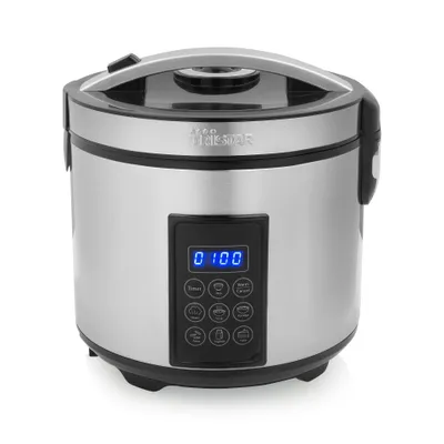 A silver digital rice cooker and steamer is shown against a white background.