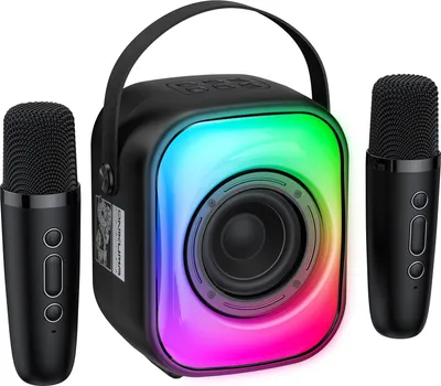 A black karaoke speaker with colorful LED lights and two black microphones.