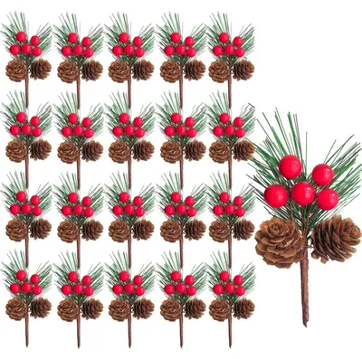 20 Weihnachts-Tannenzapfen mit roten Beeren