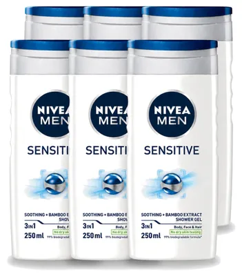 Immagine prodotto di 6 flaconi di gel doccia NIVEA MEN Sensitive, idratante, 250 ml, confezione da 6 pezzi