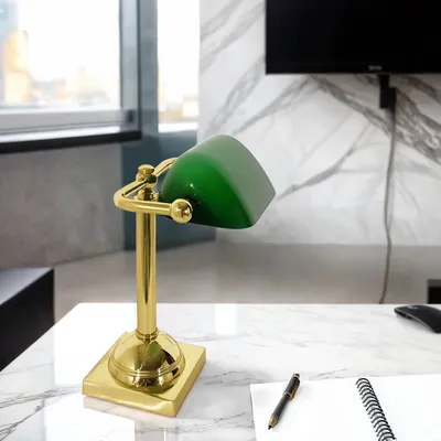 Produktbild von Bankerlampe Messing massiv Glas E14 25 cm in poliert Grün Jugendstil Tischleuchte