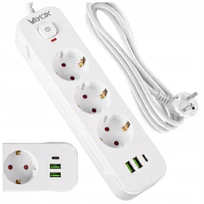 Produktbild von Vayox Steckdosenleiste 3-Fach Schuko 1,5m Weiß | Mehrfachsteckdose mit 1x USB-C 2x USB-A 1A | 2500W Mehrfachstecker mit Schalter Schuko