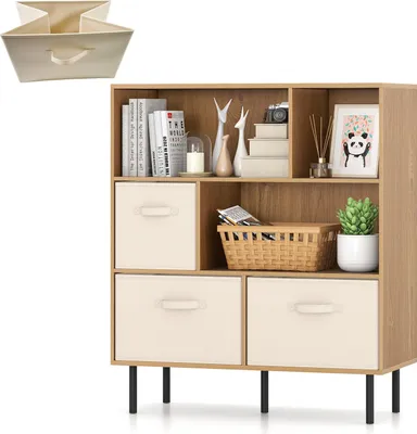Produktbild von KOMFOTTEU Kommode mit 3 Ebenen & 6 Fächern, Schubladenschrank mit 3 faltbaren Stoffschubladen, Aufbewahrungsschrank mit 5 Metallbeinen und 2 Kippschutz, für Wohnzimmer, Büro (Natur+Beige)