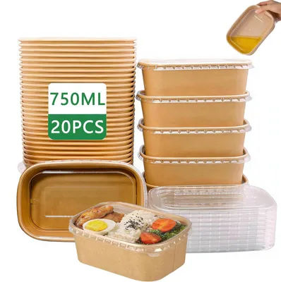 20 Kraftpapier-Schalen 750 ml mit Deckel, wiederverwendbar