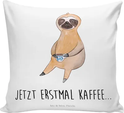 Produktbild von Mr. & Mrs. Panda Dekokissen Faultier Kaffee - Weiß - Geschenk, Polsterkissen, Faultiere, Sofa Kissen, Kaffeetasse, Sofakissen, Zierkissen, Polster, 40x40, Coffee