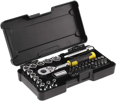 A black plastic case containing a 37-piece socket wrench set.
