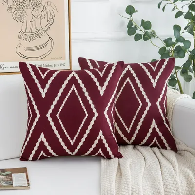Produktbild von 2er Set Kissenbezüge Leinen Dekokissen Geometrische Muster Kissenbezug Sofakissen Modern Dekorativ Couchkissen Kissenhülle für Wohnzimmer Schlafzimmer 40x40 cm Rot und Weiß