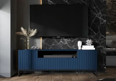 Produktbild von TV-Schrank Glamour TV-Schrank Elpis 2 Dreitürig Modern Lindner Möbel 150cm x 51,5cm x 36,5cm Farbe: Marineblau matt Rahmen: Schwarz - Metall