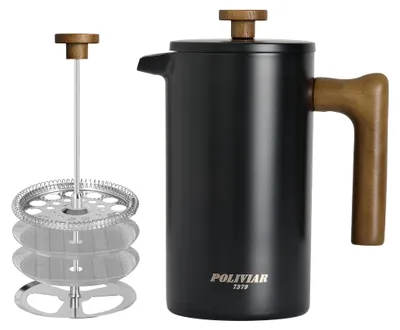 French Press Kaffeekanne 1 L, doppelwandig isoliert, Holzgriff, Schwarz