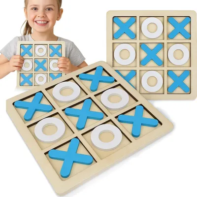 Zdjęcie produktu dla Gra planszowa kółko i krzyżyk drewniana edukacyjna logiczna eko dla dzieci 3 plus 15x15 cm biało niebieska
