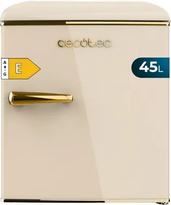 Immagine prodotto di Mini frigorifero da tavolo beige in stile retrò, alto 55 cm e largo 44,7 cm con una capacità di 45 litri, classe energetica E, congelatore e maniglia cromata dorata.