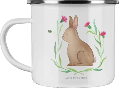 Produktbild von Mr. & Mrs. Panda Emaille Tasse Hase Sitzen - Weiß - Geschenk, Campingbecher, Teetasse, Osterhase, Frohe Ostern, Pott, Kaffeepott, Ostergrüße, Liebe, emaillebecher