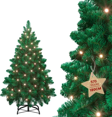 Productafbeelding van LILIIN, kunstkerstboom van 180 cm met LED-verlichting, groen, PVC, snelle opbouw, moeilijk ontvlambaar, inclusief metalen kerstboomstandaard (1,8 m, groen)