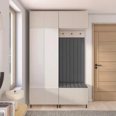 Produktbild von Garderoben-Set Ritmo Version 2 – gefräster Kleiderschrank mit hohen Füßen, Schuhschrank, Hängeschrank für den Flur (cashmere, Trinity 15)
