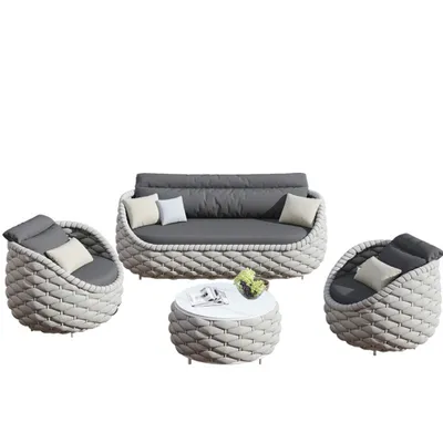 Image de ensemble de meubles de jardin 4 pièces en poly rotin - 2 fauteuils simples, 1 fauteuil 3 places, 1 table - résistant aux intempéries, imperméable, idéal pour le jardin, le balcon ou la terrasse