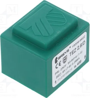 Zdjęcie produktu dla 1 x Transformator: obciążenie 2,6 VA, prąd 289 mA, napięcie 9 V, napięcie zasilania 230 VAC. Montaż: TEZ2.6/D230/9V TA40 -