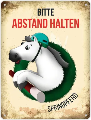 Produktbild von Metallschild XL mit weißem Springpferd Motiv und Spruch: Bitte Abstand halten -