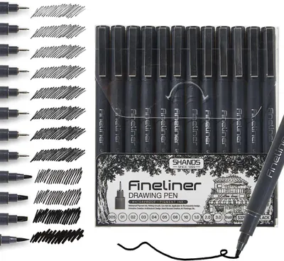 Produktbild von Permanent-Marker Fineliner Schwarz Set, 12 Stück Professionelle Zeichenstifte für Kalligraphie, Marker, Handlettering, Skizzieren, Tattoo-Stift, wasse