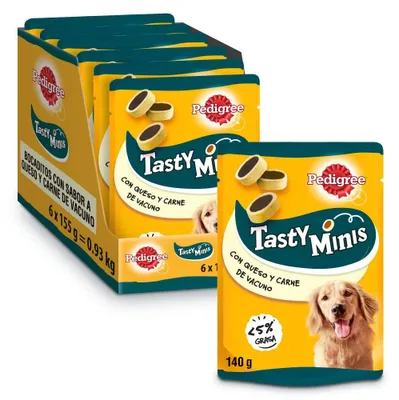 Productafbeelding van Pedigree Snacks, heerlijke mini-snacks om de smaak van uw hond te stimuleren, met de smaken kaas en rundvlees (verpakking met 6 x 140g)