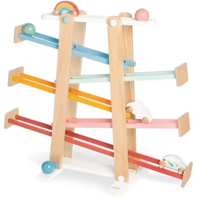 Image de Circuit à billes Pinolino Kuno en bois, 8 pièces, avec 4 billes et des éléments roulants