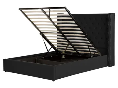 Produktbild von BELIANI Bett mit Bettkasten Schwarz Gepolstert 160 x 200 cm Lattenrost Hohes Kopfteil Knopfheftung Nieten Retro Klassisch Schlafzimmer