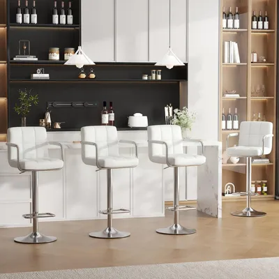 Immagine prodotto di Set di 4 sgabelli da bar, regolabili in altezza, rivestiti in ecopelle, girevoli a 360°, con braccioli, schienale e poggiapiedi, colore bianco
