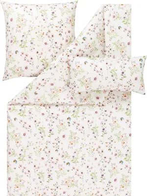 A flat lay of a floral patterned duvet cover and pillowcases.