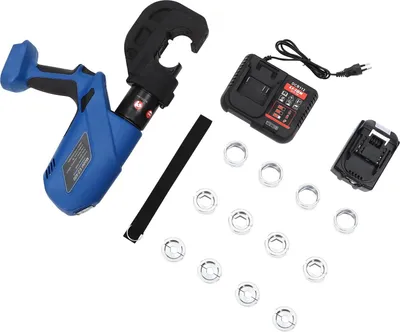 Obrázok produktu pre Hydraulické lisovacie kliešte – akumulátorové lisovacie kliešte 18 V – 12 lisovacích čeľustí 16–400 mm² – hlava otočná o 360° – modré