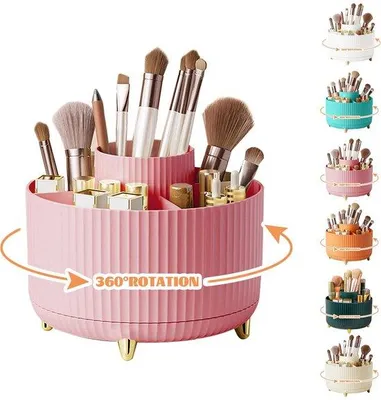 Obrázok produktu pre Uniqoos® 360° otočný organizér na make-up – 5 priestranných priehradiek na kozmetiku a štetce, ružová úložná zásuvka do kúpeľne, spálne alebo na toaletný stolík