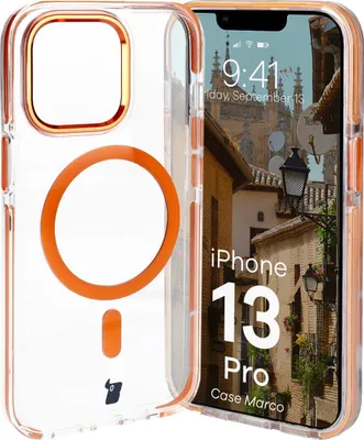 Produktbild von Bizon Case Marco Magnetische Ringhülle für iPhone 13 Pro, Transparent mit orangefarbenem Rahmen